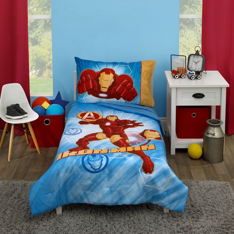 Marvel Avengers - Iron Man Blue, Red, and Gold 4 Piece Toddler Bedding Set - Comforter, Fitted Bottom Sheet, Flat Top Sheet and Reversible Pillowcase, 1 of 7