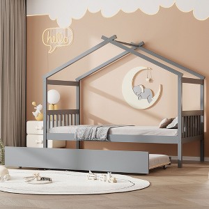 Kumasinova Kids House Bed with Trundle,Twin/Full Size Wooden Bed Frame with Roof,Headboards,Toddler Beds for Kid's Room,Bedroom - 1 of 4