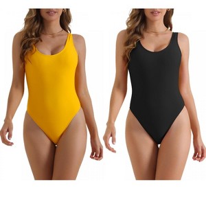 INSPIRE CHIC Women's Solid Scoop Neck Wide Strap Low Back Slimming Monokini Bathing Bikini Suit 2 Sets - 1 of 4