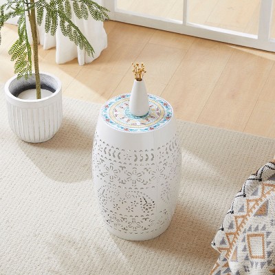 CAVINAS Flower Patten Ceramic Tile Outdoor Patio End Table,Waterproof Small Side Table for Patio,Garden,Balcony