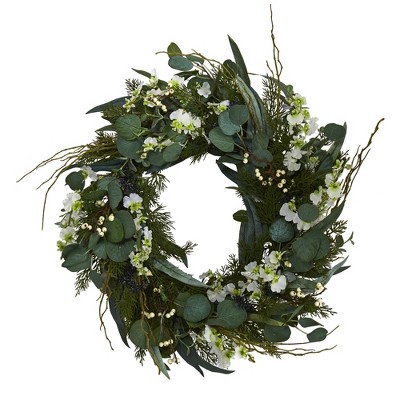 Nearly Natural 24” Eucalyptus, Dancing Lady Orchid and Mixed Greens Artificial Wreath