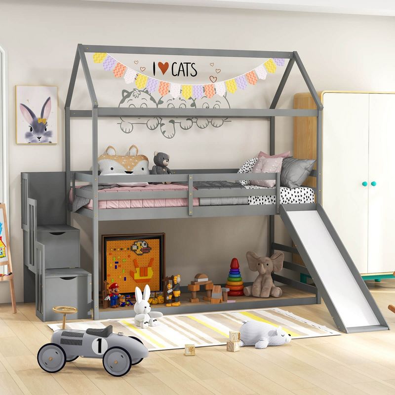 Tangkula Loft Bed w/ Slide & Storage Staircase Twin Over Twin House-shaped Bunk Bed, 2 of 11