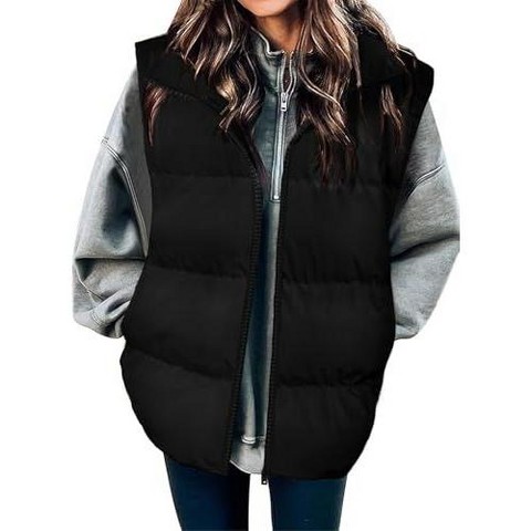 Женские жилеты Zeagoo Women' Outerwear Vest Oversized Lightweight Collar Sleeveless Gilet Quilted Zip Up Vests Fall Outfit Fashion Black L