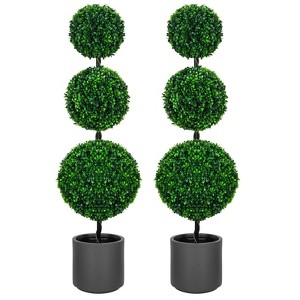 3FT Triple Ball Topiary Artificial Tree Faux Shrubs Plant Realistic Silk Tree with Gray Planter for Home or Office Outdoor Decoration Set of 2 - 1 of 4