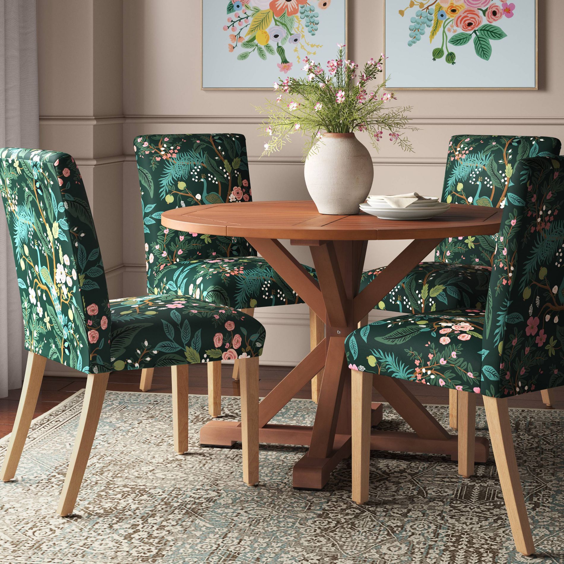 Rifle Paper Co. x Target Peacock Armless Dining Chair Assorted Greens: Cotton Upholstered, Pine Frame, Botanical Print