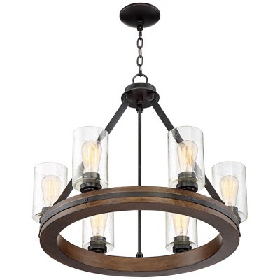 Bronze and Wood Wagon Wheel Chandelier with Clear Glass Shades