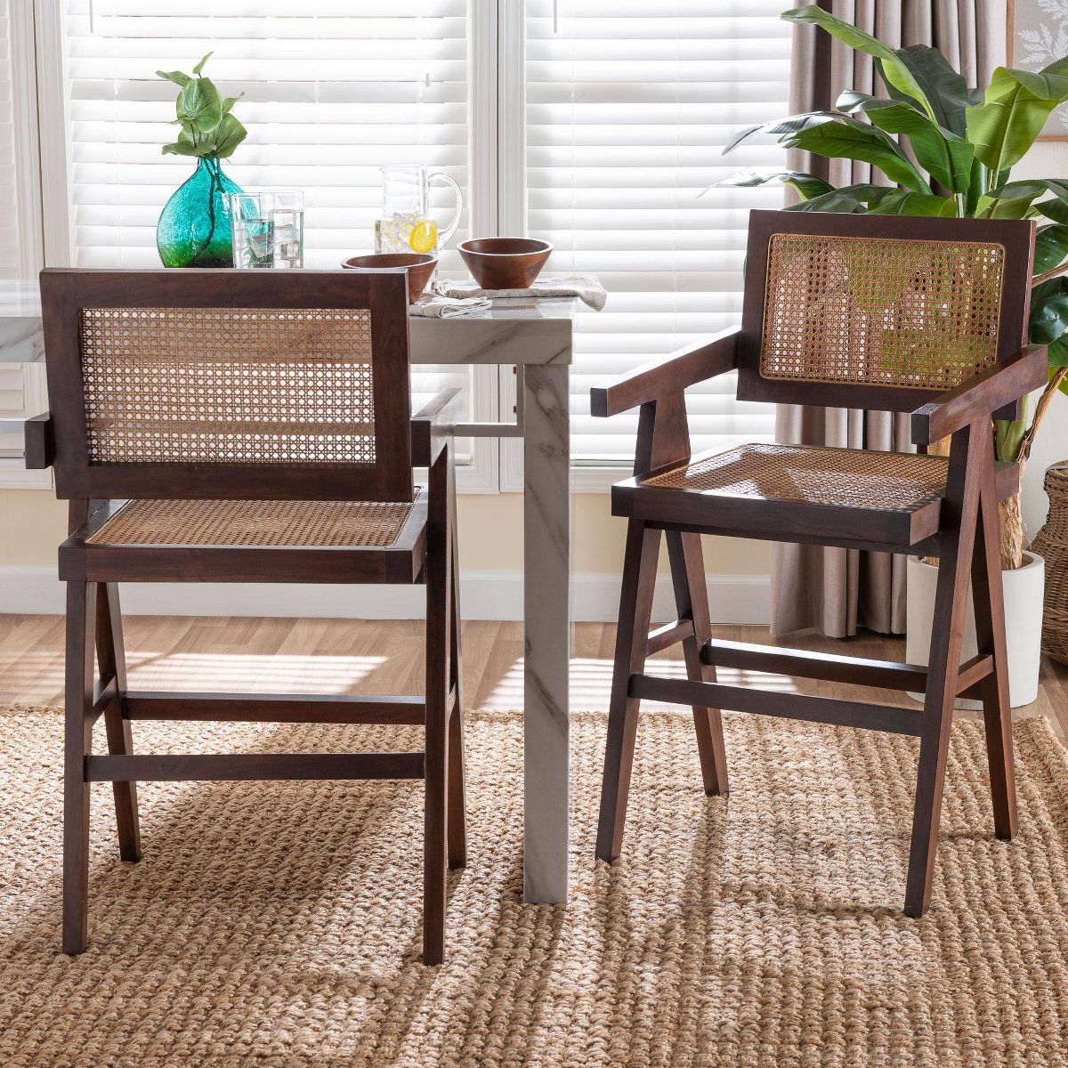 bali & pari Kresna Rattan Counter Stool with Mahogany Wood Frame and Armrest Dark Walnut Brown/Natural Brown - thumbnail 5