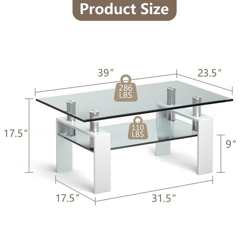 Costway Rectangle Glass Coffee Table Metal Legs End Table Livingroom White\Black\Coffee\Nature, 2 of 11