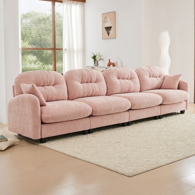 Modern Pink Chenille Sectional Sofa with Tufted Pleated Backrest, Comfy 4-Seater Sectional Couch for Living Room or Apartment – The Pop Home
