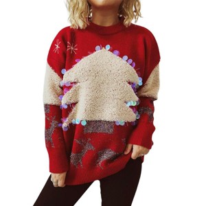 Womens Ugly Christmas Sweater Novelty Sequined Crew Neck Sweater Handmade Christmas Tree Deer Jacquard Pullover Sweater - 1 of 4