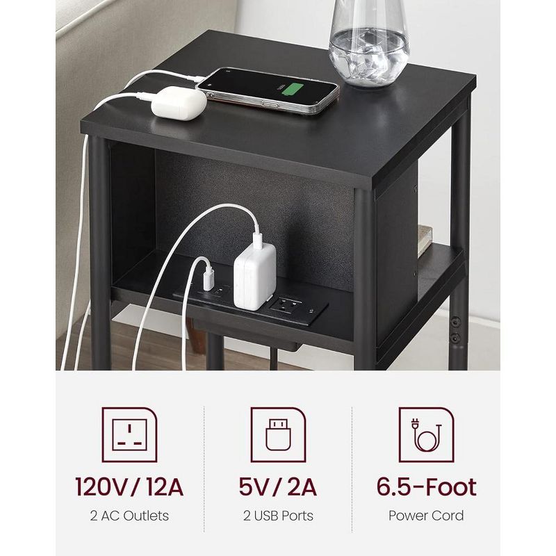 VASAGLE End Table with Charging Station, 3-Tier Side Table with USB Ports and Outlets Nightstand, 3 of 7