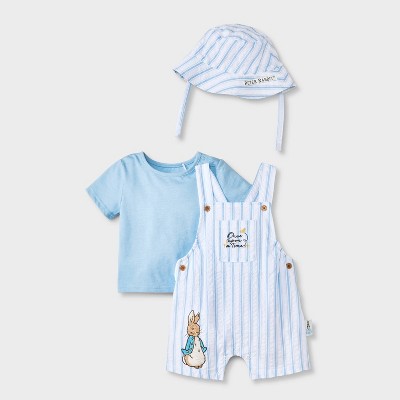 Baby Boys' 3pc Peter Rabbit Short Sleeve Overalls Set with Hat - Blue