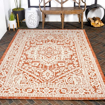Sinjuri Orange/Cream Medallion Handwoven 9' x 12' Indoor/Outdoor Rug
