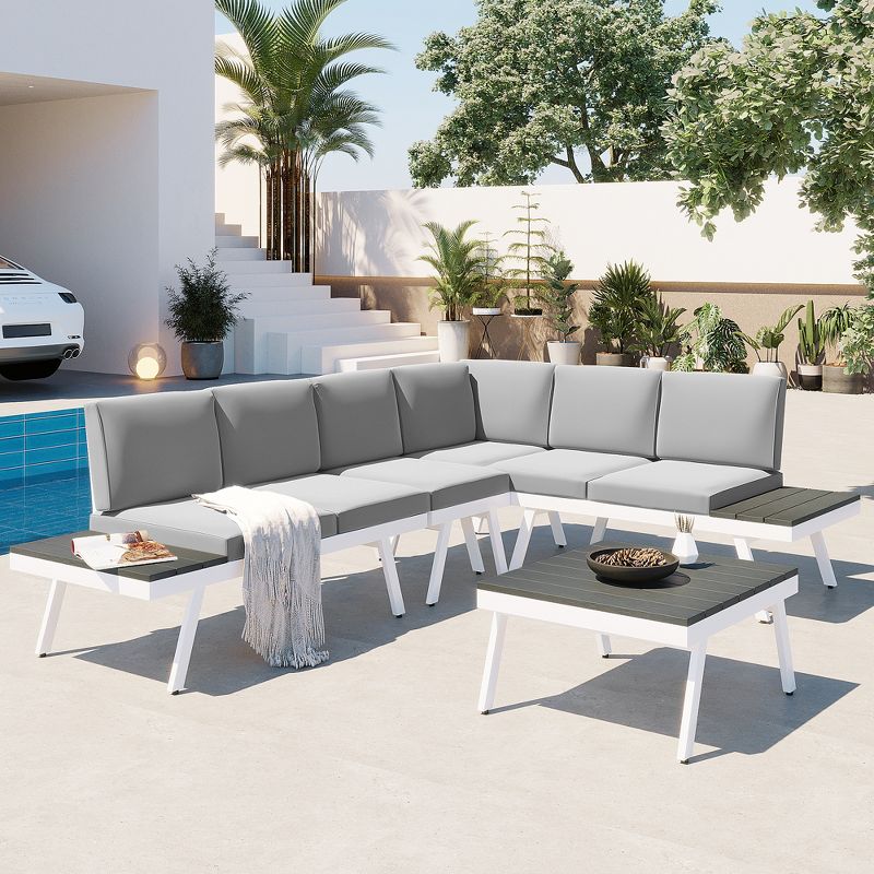 Industrial Aluminum Outdoor Patio Furniture Set of 5 with End and Coffee Tables, White+Gray - ModernLuxe, 1 of 14