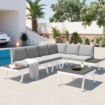 Industrial Aluminum Outdoor Patio Furniture Set of 5 with End and Coffee Tables, White+Gray - ModernLuxe