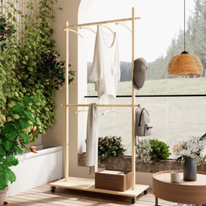 Modern Solid Wood Garment Clothes Drying Rack with 6 Wooden Hangers,Adjustable Shelf,Garment Rack For Bedroom Living Room-Cuddlewood - 1 of 4