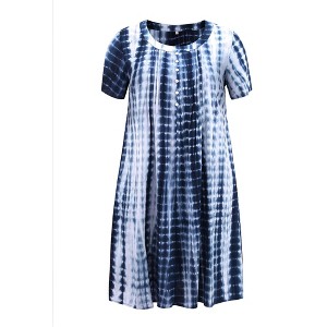 Women's Plus Size Tie Dye Round Neck Short Sleeve Button Decor A Line Dresses - GRACE & GRANDEUR - 1 of 4
