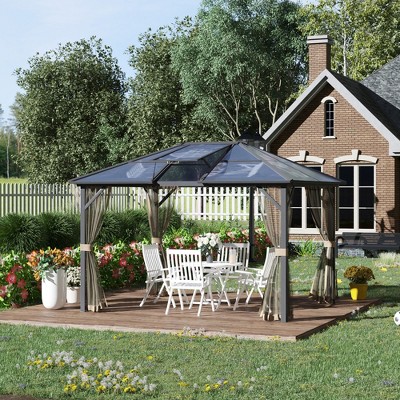Gray Aluminum Frame Hardtop Gazebo with Polycarbonate Roof and Netting