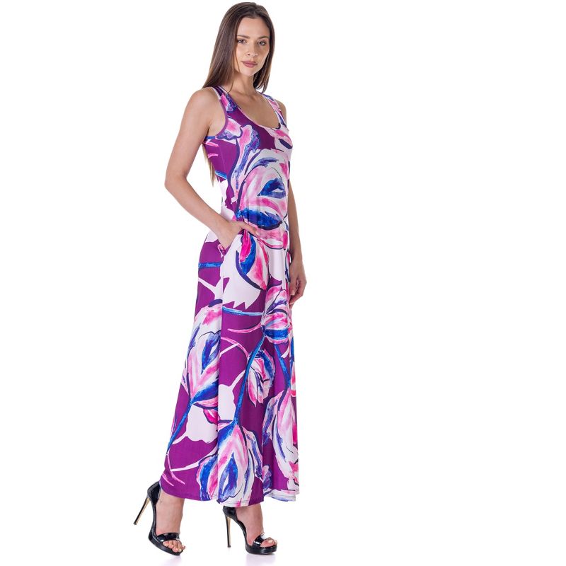 24seven Comfort Apparel Womens Casual Purple Floral Scoop Neck Sleeveless Maxi Dress With Pockets, 2 of 9