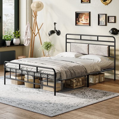 Bed Frame, Queen Size Bed Frame, Heavy Duty Metal Bed Frame, with Upholstered Headboard, Soundless, No Box Springs Needed, Black