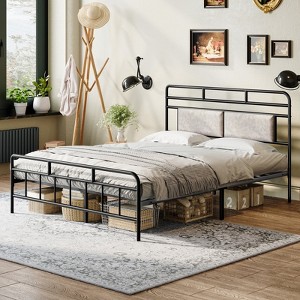 Bed Frame, Queen Size Bed Frame, Heavy Duty Metal Bed Frame, with Upholstered Headboard, Soundless, No Box Springs Needed, Black - 1 of 4
