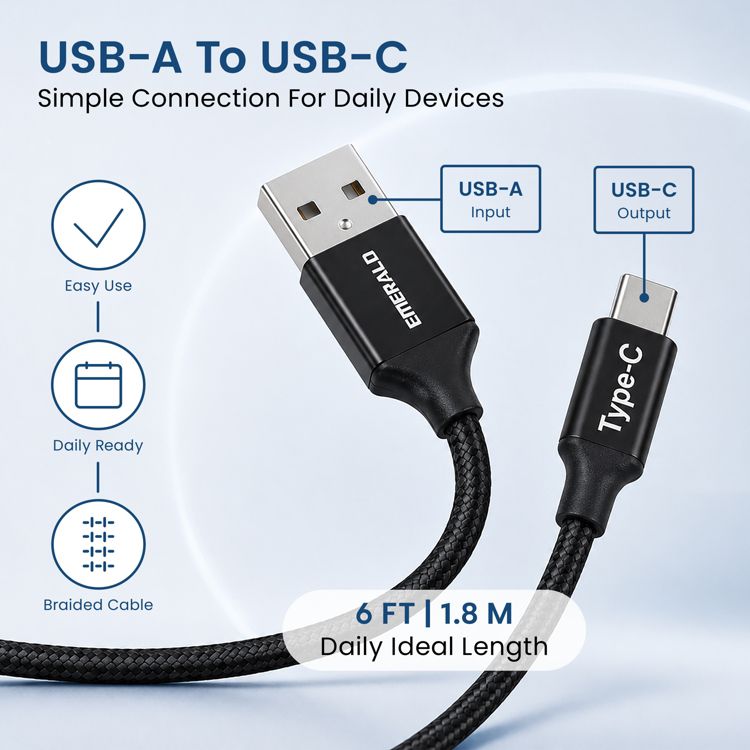 Emerald 6ft Braided USB-A to USB-C (Type-C), Fast Charging & Data Syncing Cable, 2 of 8