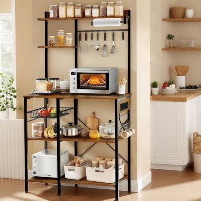Freestanding Kitchen Bakers Rack, 4 Tier Microwave Stand with Wire Basket & Hooks, 62'' Tall Industrial Coffee Bar Station for Spices, Cups, Pots