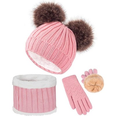 SENPUKI 3 Pcs Kids Winter Knitted Beanie Hat Scarf Gloves Set Warm Soft Thick Fleece Lining for Girls 1-10 Years