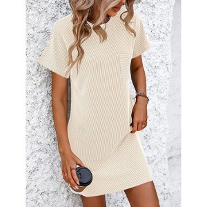 Women's Summer Mini Dress Chest Pocket Short Sleeve Crewneck Ribbed T-Shirt Dress Casual A-Line Beach Vacation Dress - 1 of 4