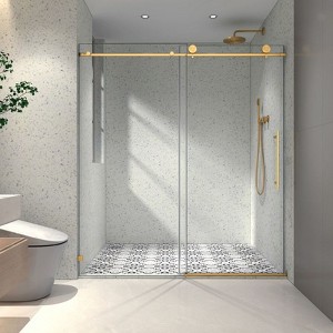 PexFix 76 in.x 60 in. Frameless Single Sliding Shower Door 8mm Tempered Glass With Adjustable Soft Closing Design for Spa Bathroom Brushed Gold - 1 of 4