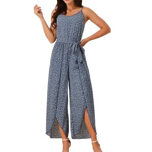 Seta T Women's Spaghetti Straps Sleeveless V Neck Tie Waist Split Wide Leg Jumpsuits - 1 of 4