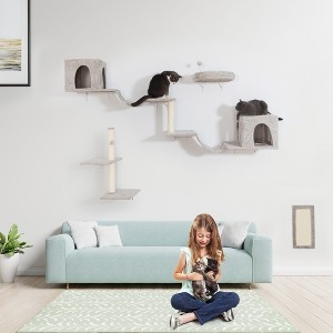 DOMETOUR Wall-mounted Cat Tree with 2 Cat Condos House, 3 Cat Wall Shelves, 2 Ladder, 1 Cat Perch, Sisal Cat Scratching Posts and Pad - 1 of 4