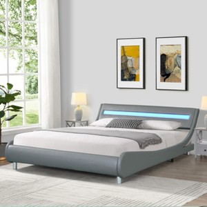 DOMETOUR Faux Leather Platform Bed Frame, LED Lighting, Curve Design, Wood Slats, No Box Spring, Easy Assembly, Queen Size, Gray - 1 of 4