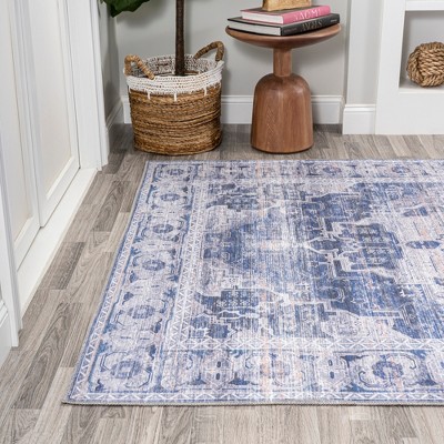 Navy/Cream Medallion Washable Synthetic Area Rug 5' x 8'
