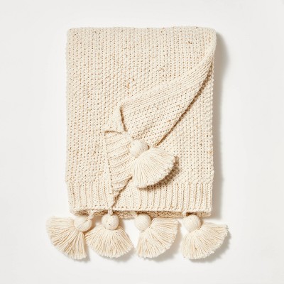 Knit Throw With Pom Tassels Throw Blanket Cream - Threshold