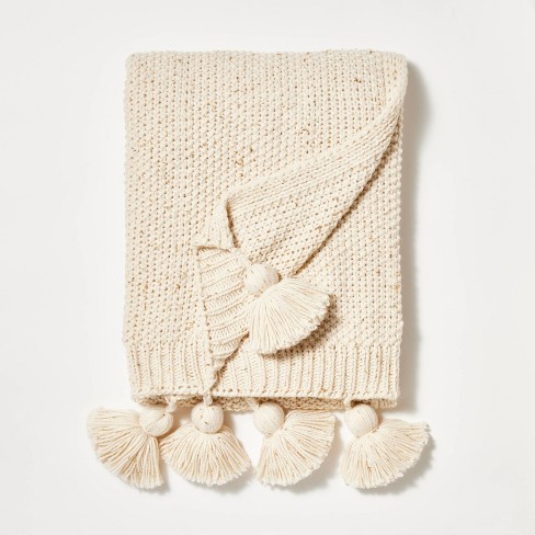 Knit Throw With Pom Tassels Throw Blanket Cream Threshold