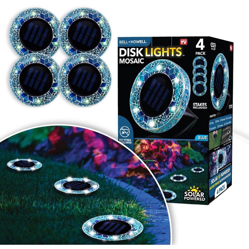 Bell + Howell 6 LED Round Blue Mosaic Solar Powered Disk Lights with Auto On/Off - 4 Pack, 1 of 8