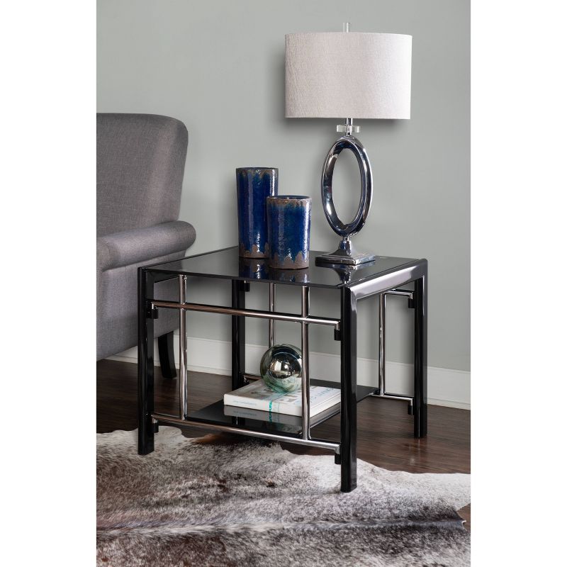 Set of 2 Saroyan Modern Bottom Shelf Glass Top Silver Side in End Tables Black - Powell, 1 of 8