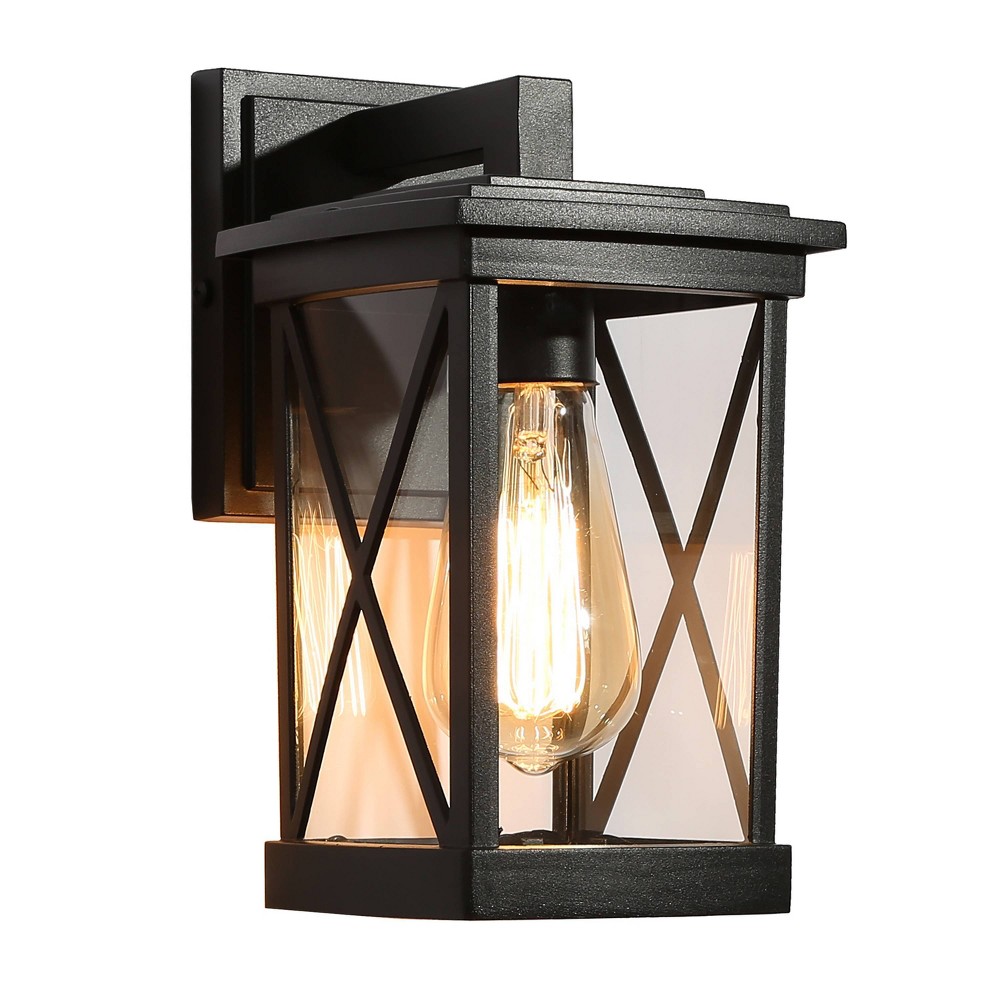 Photos - Chandelier / Lamp 11" Metal/Glass Cage Modern Outdoor Wall Light Matte Black - LNC: Weather-Resistant Patio Lantern