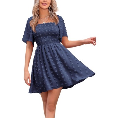 EXLURA Women's Summer Casual Square Neck Dresses Ruffle Short Sleeve Swiss Dot Flowy Mini Dress