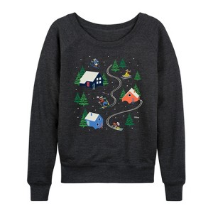 Women's - Disney - Mickey Friends Ski Lightweight French Terry Wide Neck Long Sleeve Shirt - 1 of 4