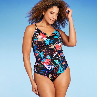 Women's Upf 50 Sweetheart Neckline Shirred One Piece Swimsuit - Shape +  Style™ By Aqua Green® Dark Teal Green 12 : Target