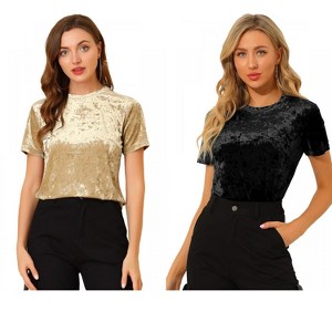 INSPIRE CHIC Women's Velvet Crew Neck Short Sleeve Casual Blouse 2 Packs - 1 of 4