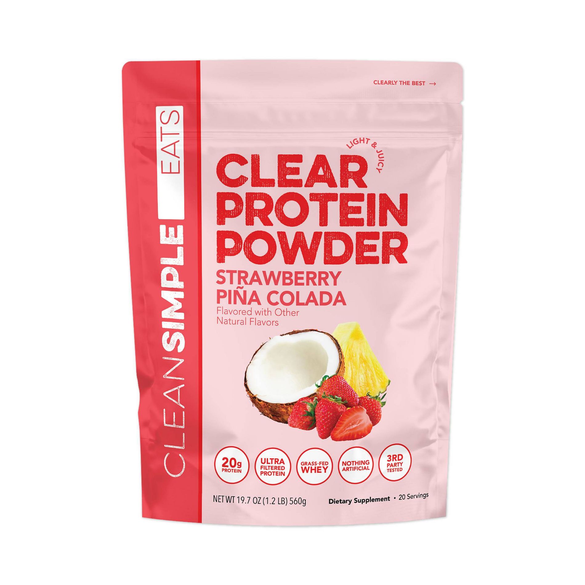 Clean Simple Eats Clear Protein Powder Strawberry Pina Colada - 19.7oz/20 Servings: Whey Protein Isolate, 20g Protein
