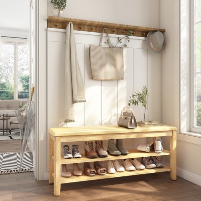 LOVMOR Shoe Rack Bench, 3-Tier Bamboo Shoe Storage Organizer, Entryway Bench, Holds Up to 500 lb, for Entryway Bathroom Bedroom