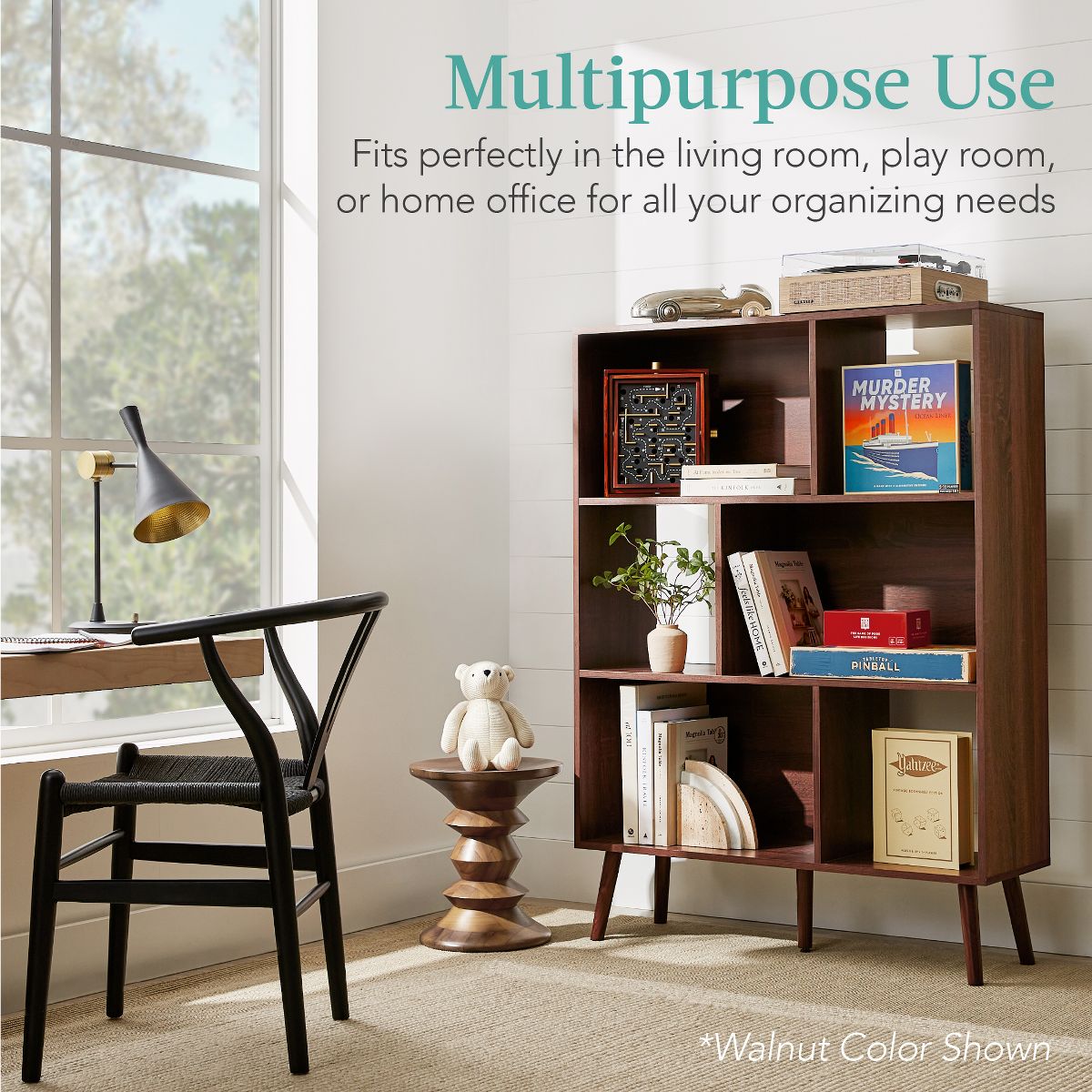 Best Choice Products 3-Tier Mid-Century Modern Wooden Bookcase w/ Removable Back Panels, Offset Pine Legs - Brown - thumbnail 4