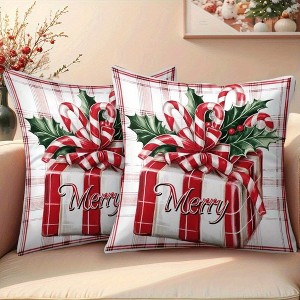 Lomsoe 2pcs Christmas Holiday Decorative Pillow Covers, Red and White Plaid "Merry Christmas" Words with Holly Berry Gift Box, Sofa Bed Cushion Covers - 1 of 4