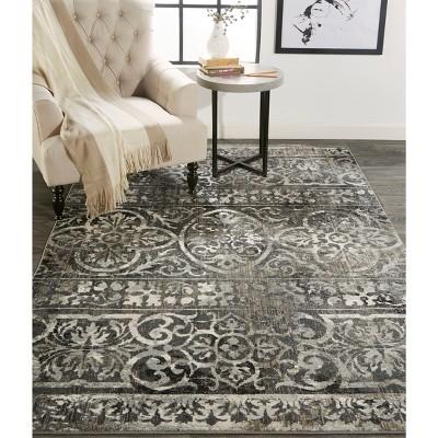 Ivory and Gray Distressed Rectangular Cotton Blend Rug