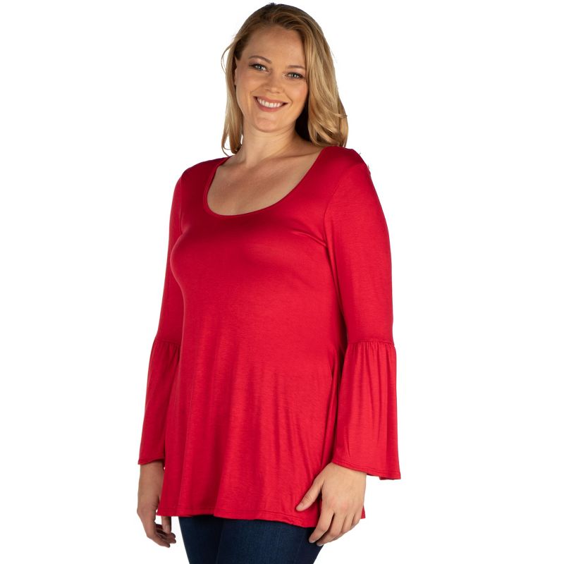 24seven Comfort Apparel Womens Long Bell Sleeve Flared Plus Size Tunic Top, 2 of 6
