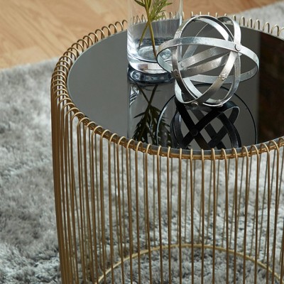 Elegant Gold Metal and Black Glass Round Accent Table Set